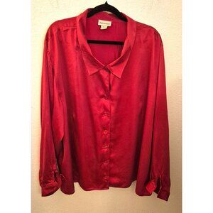 Vintage 100% Silk Red Long Sleeve Blouse Button Cuff Sz 26/28 EUC